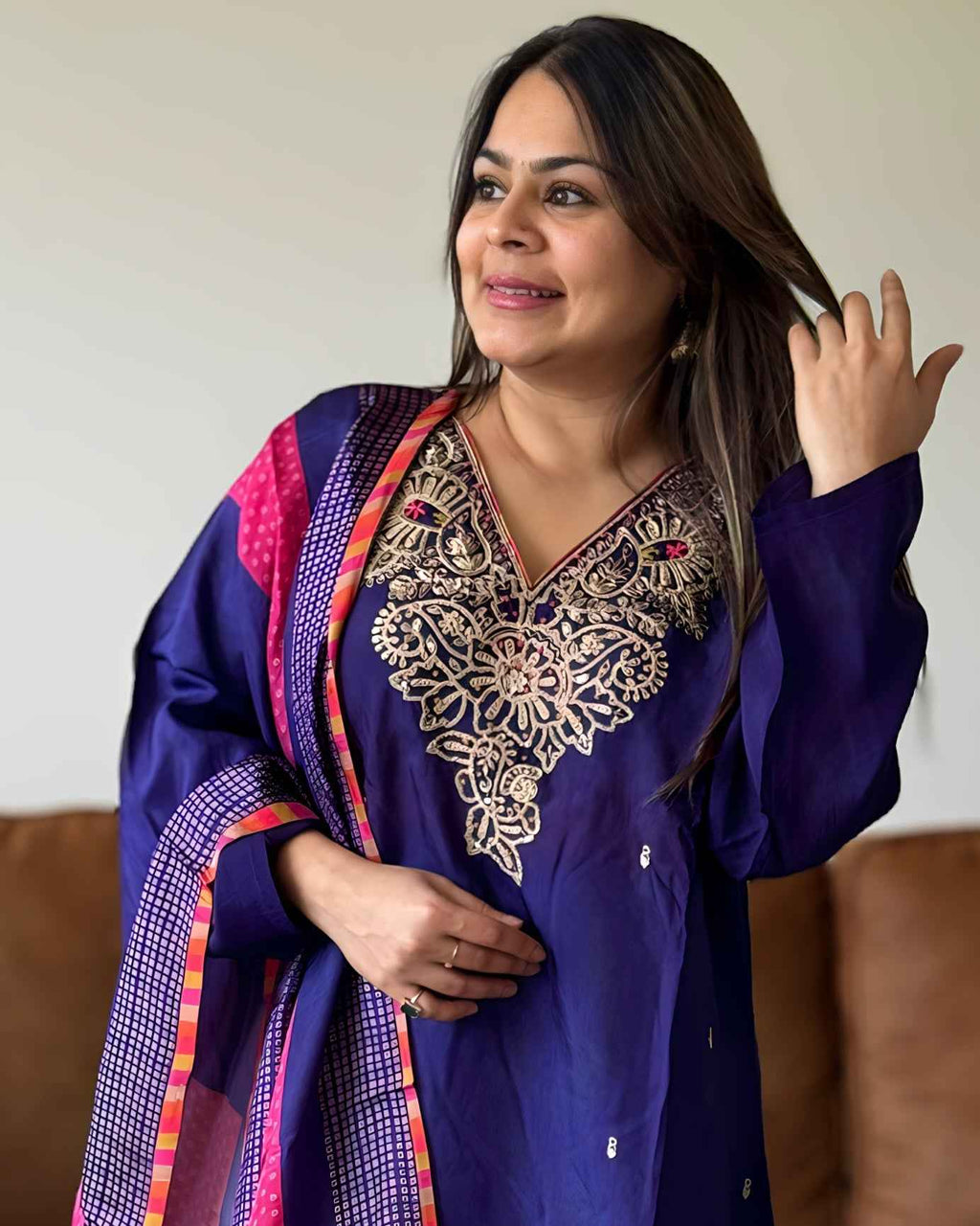 Purple Golden Work Russian Silk A-Line Kurta Set with Banarasi Dupatta | V-Neck Festive Wear