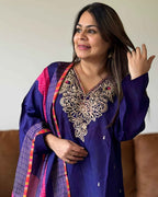 Purple Golden Work Russian Silk A-Line Kurta Set with Banarasi Dupatta | V-Neck Festive Wear