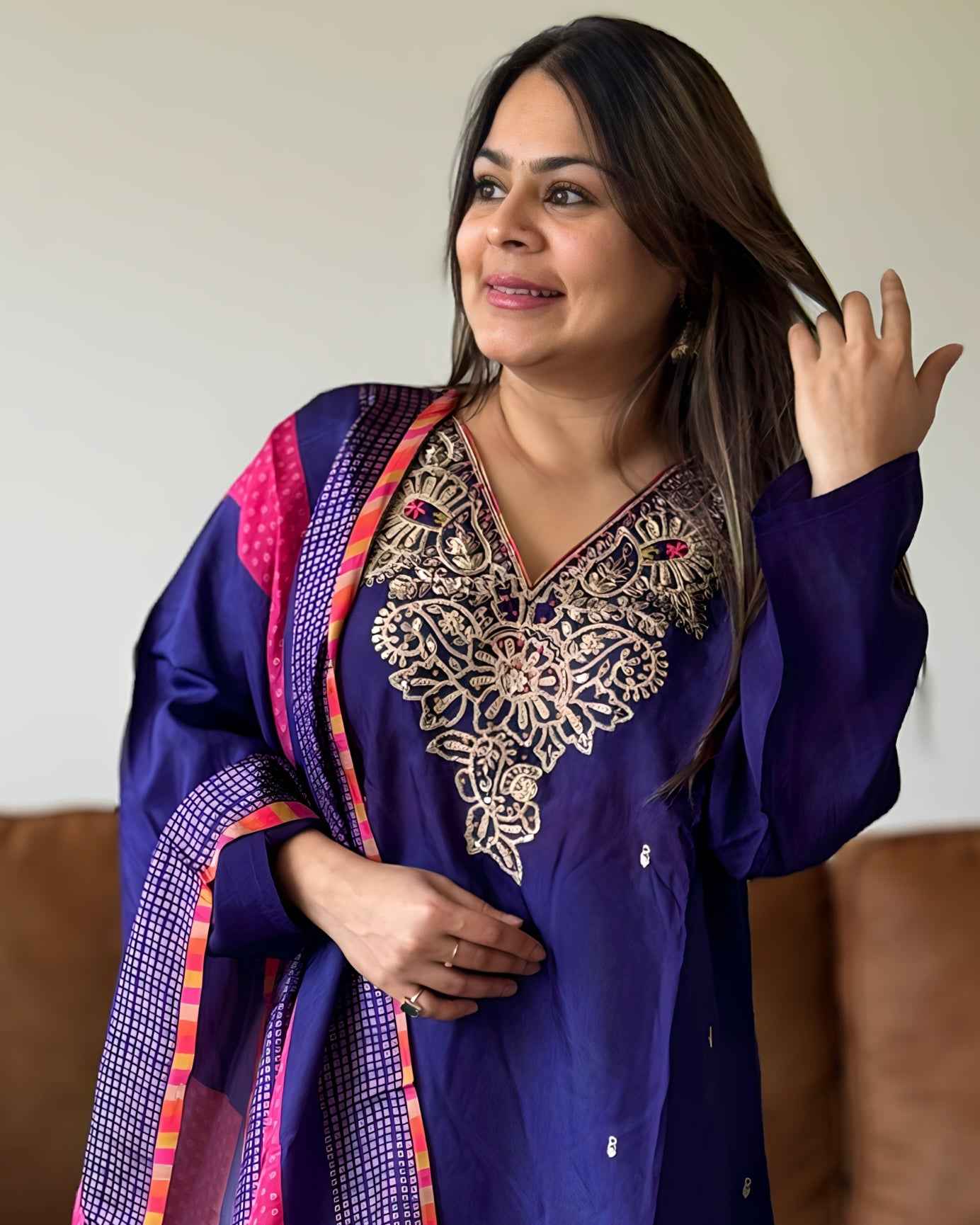 Purple Golden Work Russian Silk A-Line Kurta Set with Banarasi Dupatta | V-Neck Festive Wear