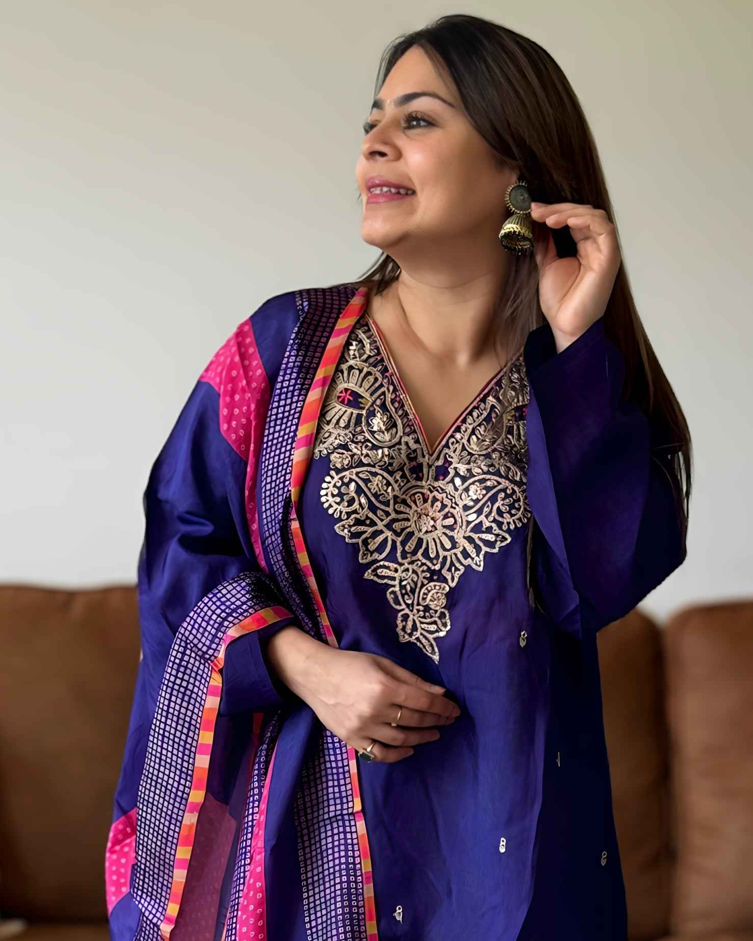 Purple Golden Work Russian Silk A-Line Kurta Set with Banarasi Dupatta | V-Neck Festive Wear