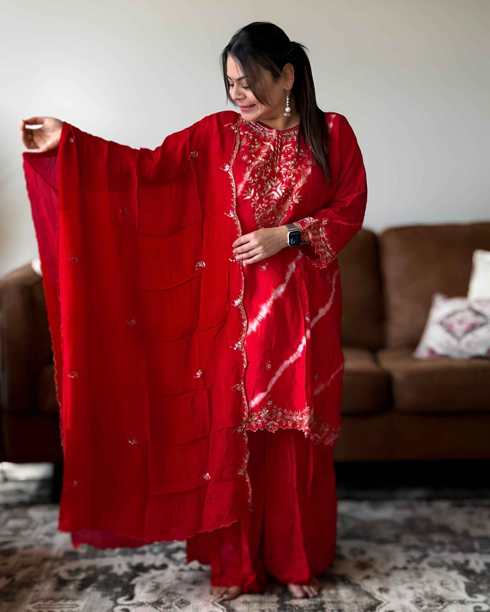 Red Leheriya Dola Silk A-Line Set – Premium Ethnic Wear with Round Neck (Up to 3XL)