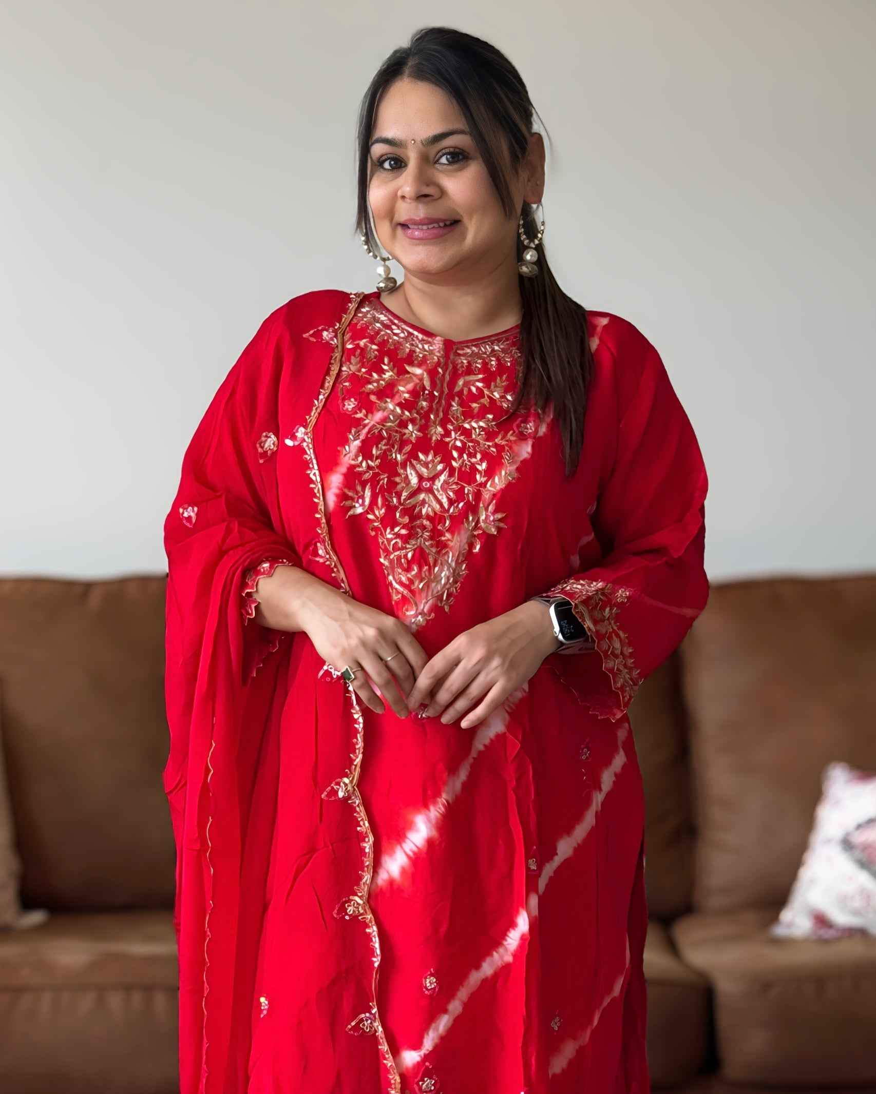 Red Leheriya Dola Silk A-Line Set – Premium Ethnic Wear with Round Neck (Up to 3XL)