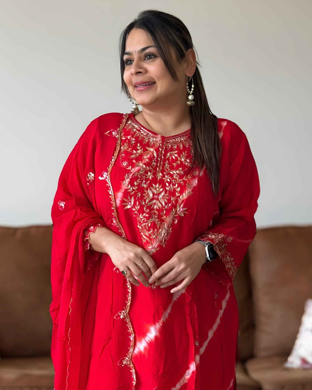 Red Leheriya Dola Silk A-Line Set – Premium Ethnic Wear with Round Neck (Up to 3XL)