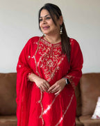Red Leheriya Dola Silk A-Line Set – Premium Ethnic Wear with Round Neck (Up to 3XL)