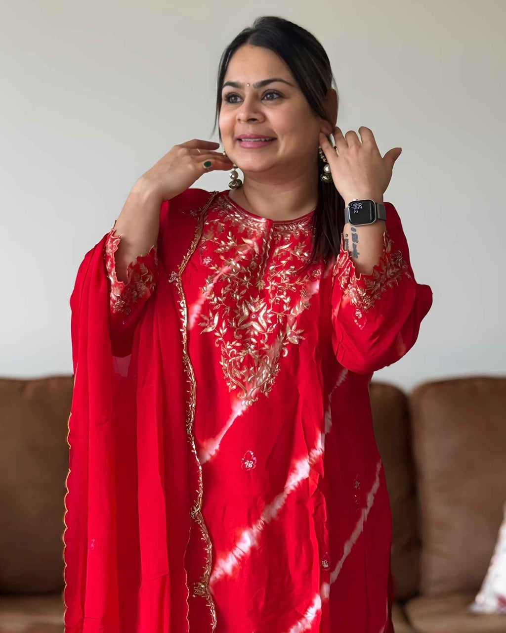 Red Leheriya Dola Silk A-Line Set – Premium Ethnic Wear with Round Neck (Up to 3XL)