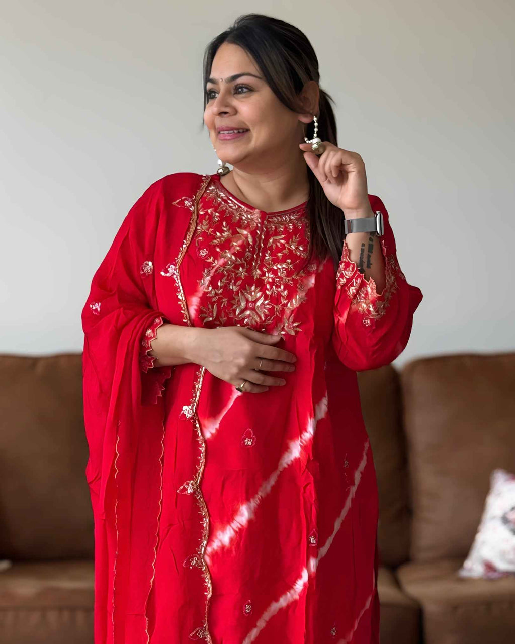 Red Leheriya Dola Silk A-Line Set – Premium Ethnic Wear with Round Neck (Up to 3XL)