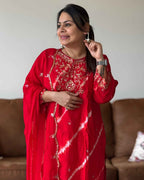 Red Leheriya Dola Silk A-Line Set – Premium Ethnic Wear with Round Neck (Up to 3XL)