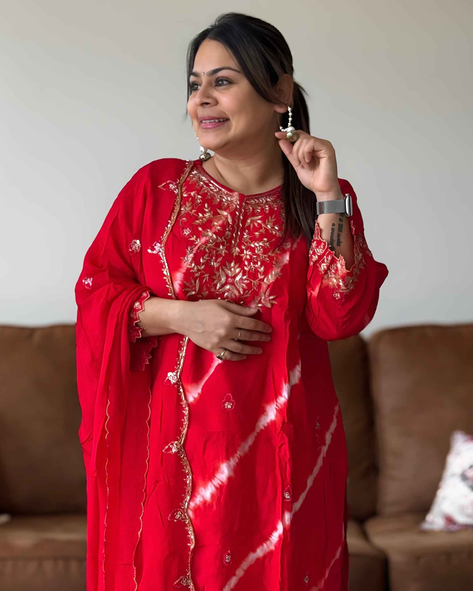 Red Leheriya Dola Silk A-Line Set – Premium Ethnic Wear with Round Neck (Up to 3XL)