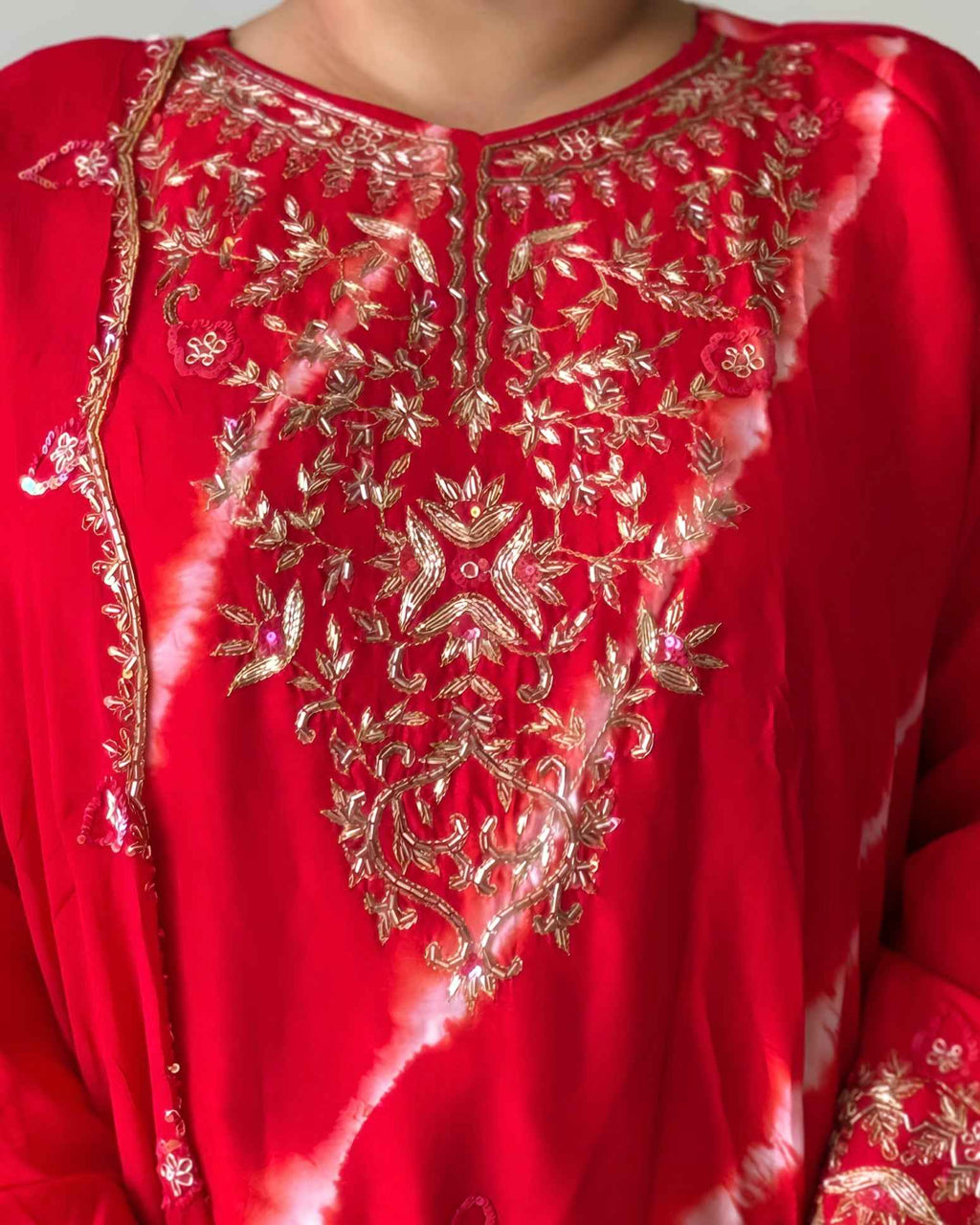 Red Leheriya Dola Silk A-Line Set – Premium Ethnic Wear with Round Neck (Up to 3XL)