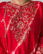 Red Leheriya Dola Silk A-Line Set – Premium Ethnic Wear with Round Neck (Up to 3XL)