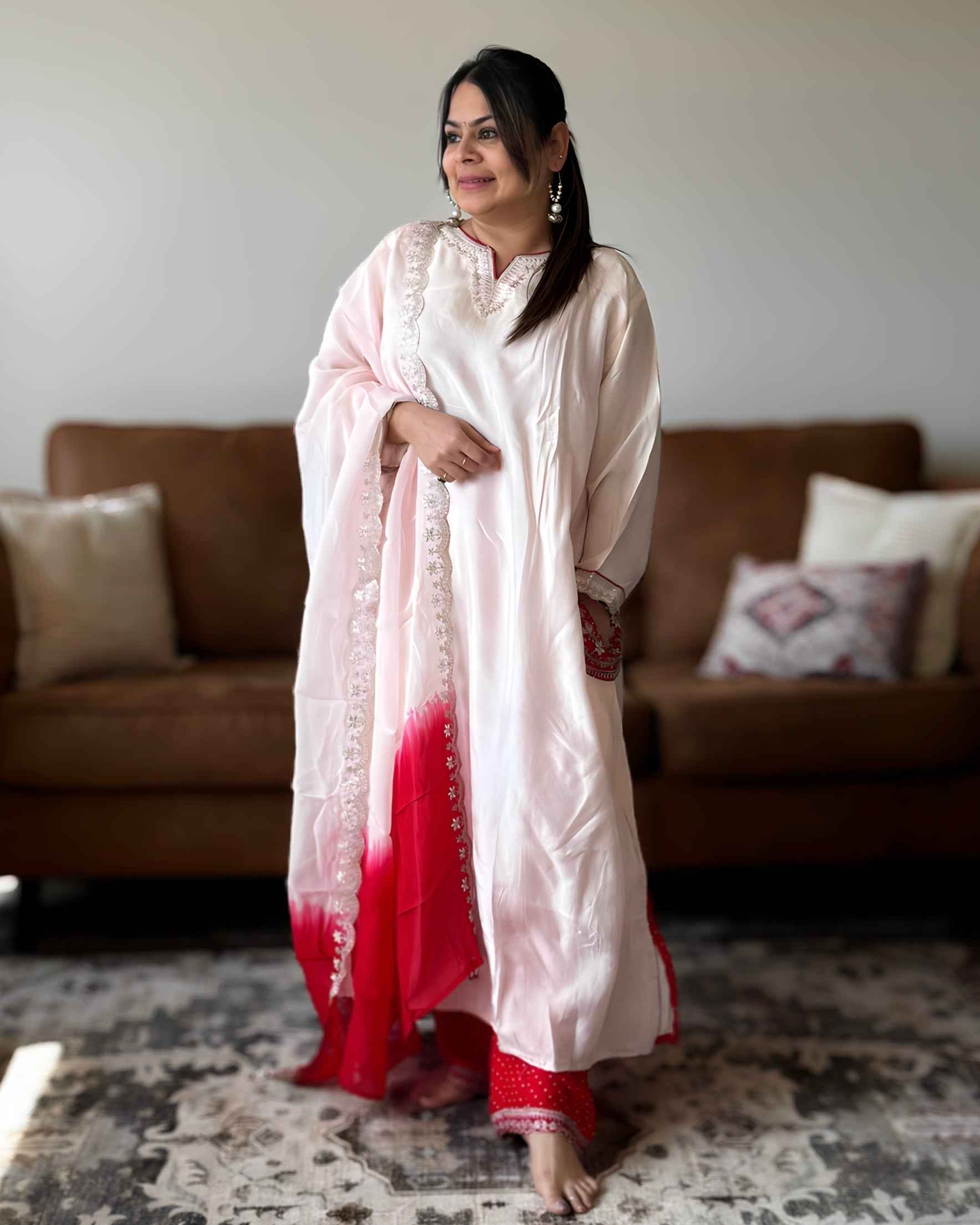 Baby Pink Dola Silk Kurta Set with Red Bandhani Dupatta | V-Neck Ethnic Wear