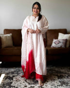 Baby Pink Dola Silk Kurta Set with Red Bandhani Dupatta | V-Neck Ethnic Wear