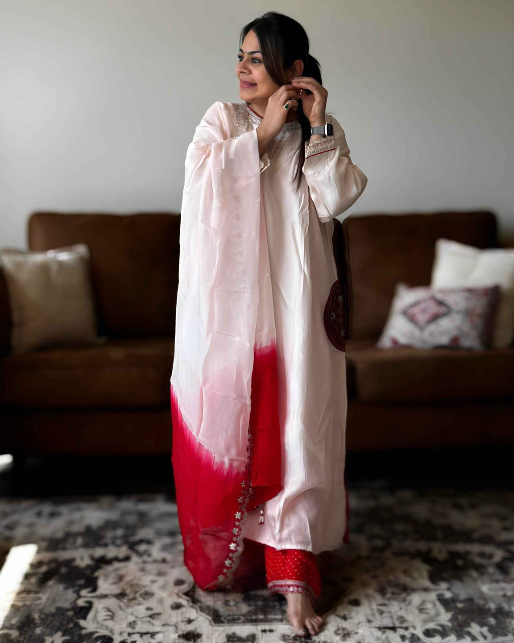 Baby Pink Dola Silk Kurta Set with Red Bandhani Dupatta | V-Neck Ethnic Wear