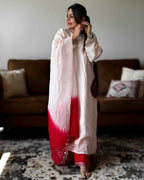 Baby Pink Dola Silk Kurta Set with Red Bandhani Dupatta | V-Neck Ethnic Wear