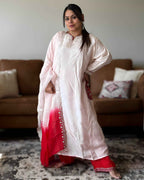 Baby Pink Dola Silk Kurta Set with Red Bandhani Dupatta | V-Neck Ethnic Wear