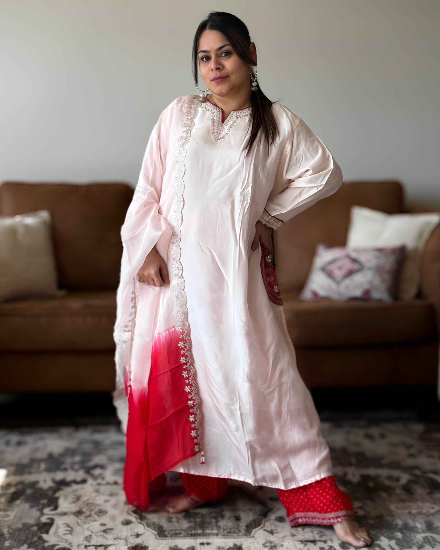 Baby Pink Dola Silk Kurta Set with Red Bandhani Dupatta | V-Neck Ethnic Wear