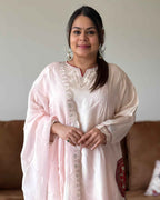 Baby Pink Dola Silk Kurta Set with Red Bandhani Dupatta | V-Neck Ethnic Wear