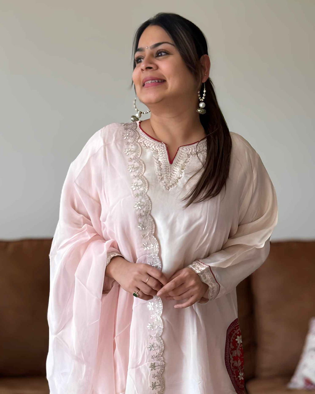Baby Pink Dola Silk Kurta Set with Red Bandhani Dupatta | V-Neck Ethnic Wear