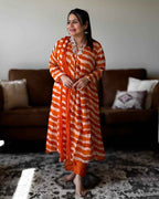 Orange Leheriya Chinon A-Line Kurta Set with Dupatta | V-Neck Festive Ethnic Wear (2XL)