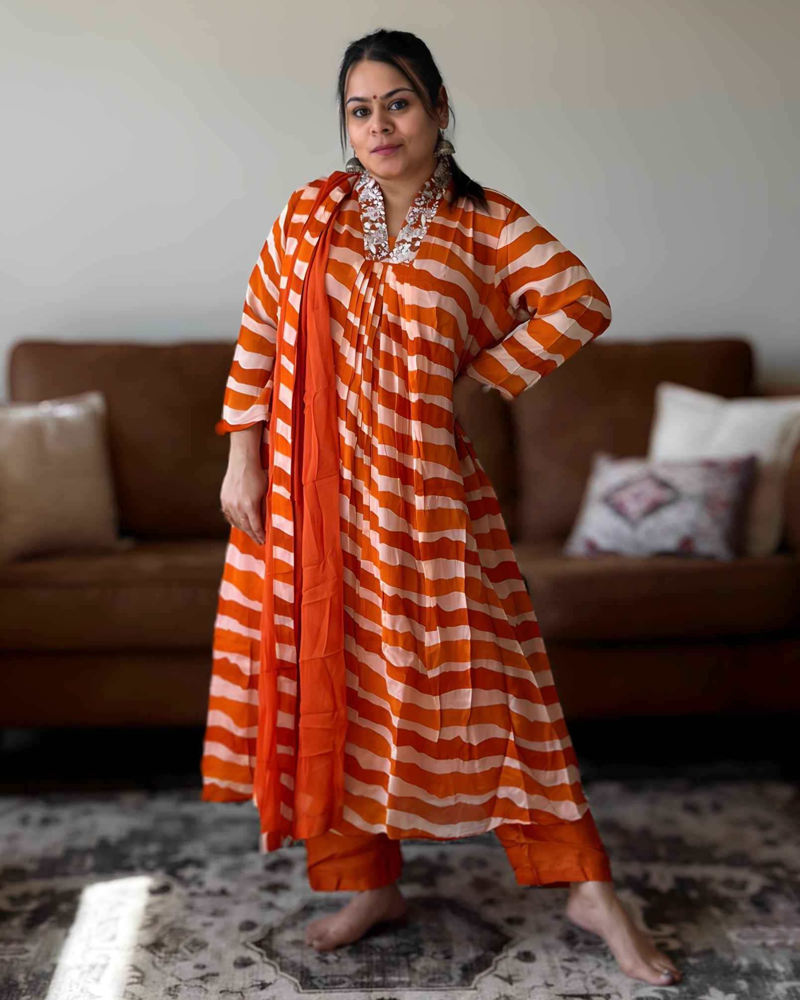 Orange Leheriya Chinon A-Line Kurta Set with Dupatta | V-Neck Festive Ethnic Wear (2XL)