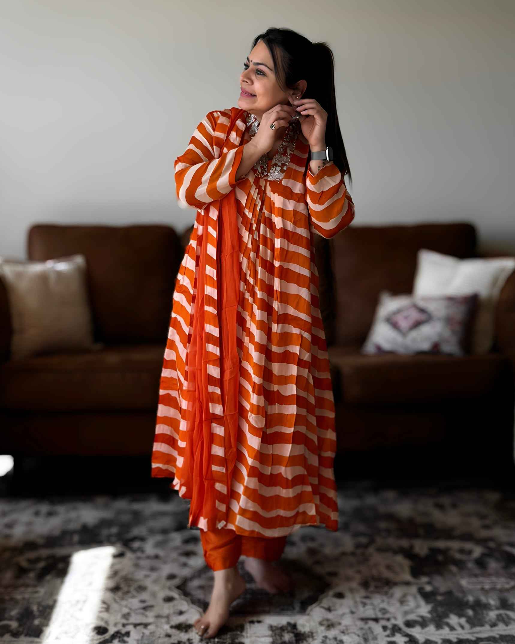 Orange Leheriya Chinon A-Line Kurta Set with Dupatta | V-Neck Festive Ethnic Wear (2XL)