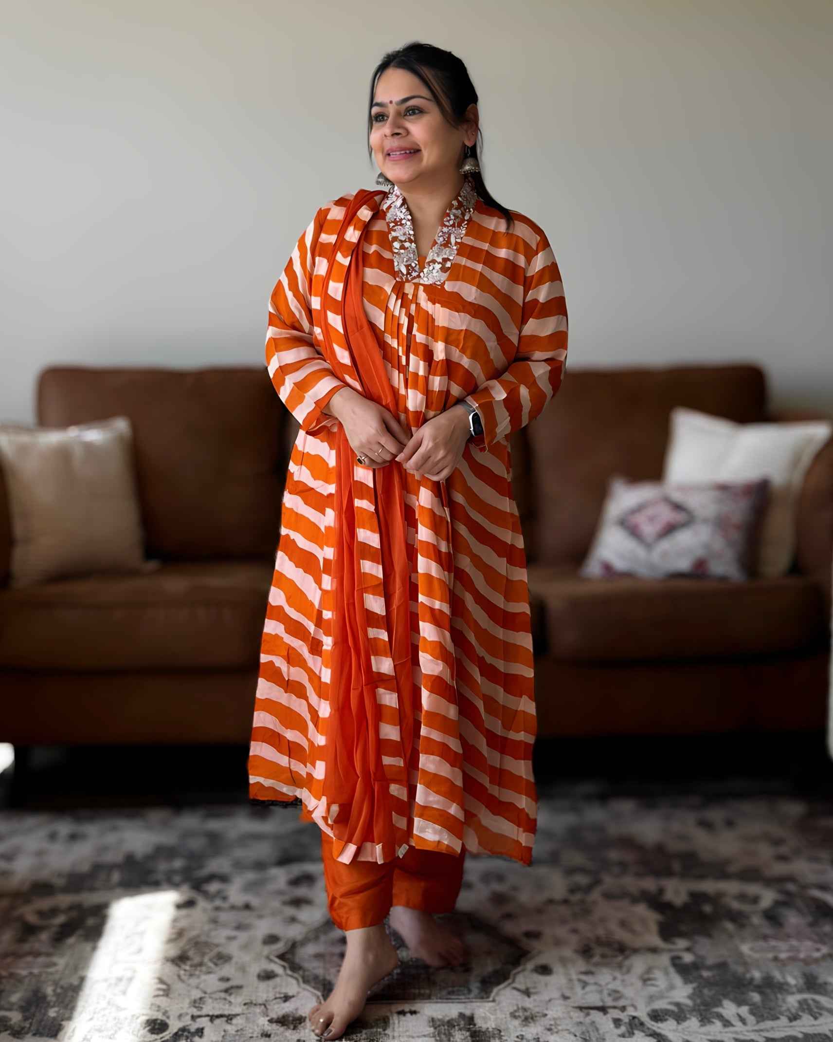 Orange Leheriya Chinon A-Line Kurta Set with Dupatta | V-Neck Festive Ethnic Wear (2XL)