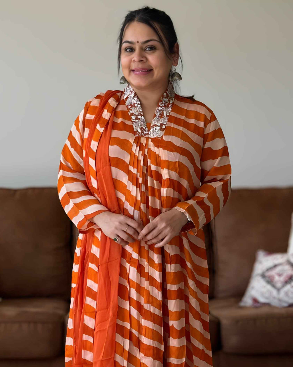 Orange Leheriya Chinon A-Line Kurta Set with Dupatta | V-Neck Festive Ethnic Wear (2XL)