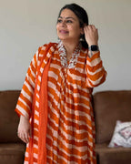 Orange Leheriya Chinon A-Line Kurta Set with Dupatta | V-Neck Festive Ethnic Wear (2XL)