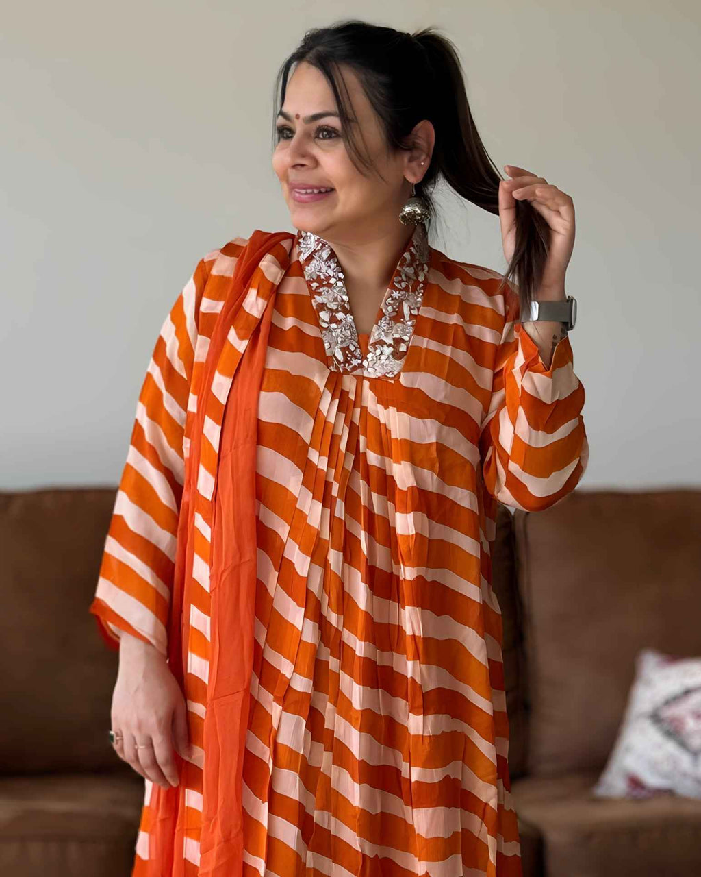 Orange Leheriya Chinon A-Line Kurta Set with Dupatta | V-Neck Festive Ethnic Wear (2XL)