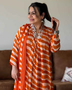 Orange Leheriya Chinon A-Line Kurta Set with Dupatta | V-Neck Festive Ethnic Wear (2XL)