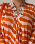 Orange Leheriya Chinon A-Line Kurta Set with Dupatta | V-Neck Festive Ethnic Wear (2XL)