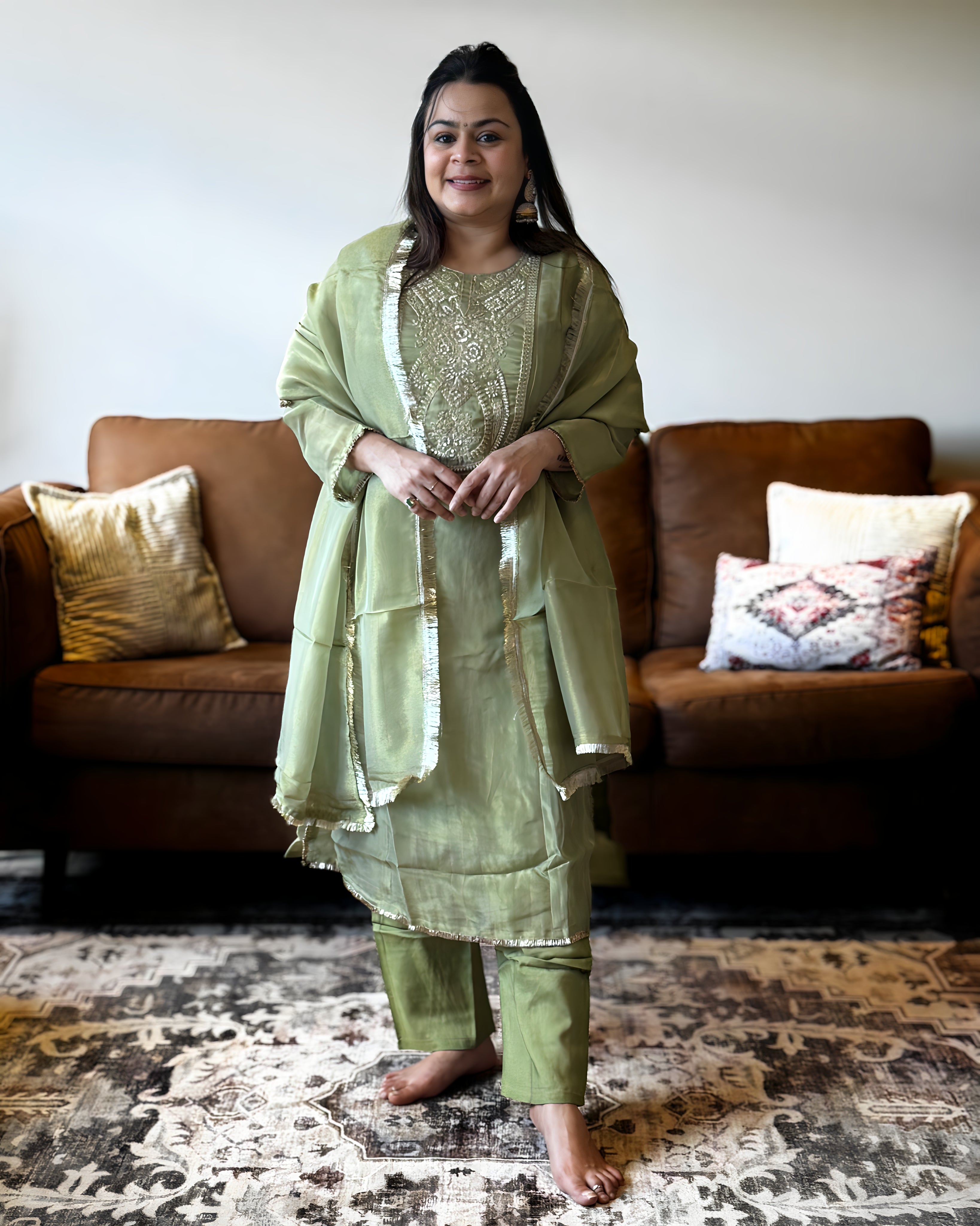 Pastel Green Shimmer Glass Tissue Kurta Set for Women