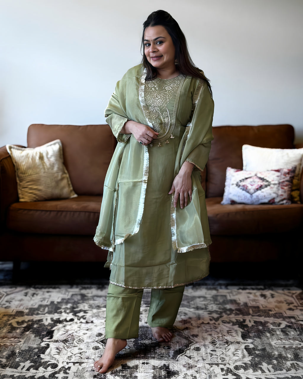 Pastel Green Shimmer Glass Tissue Kurta Set