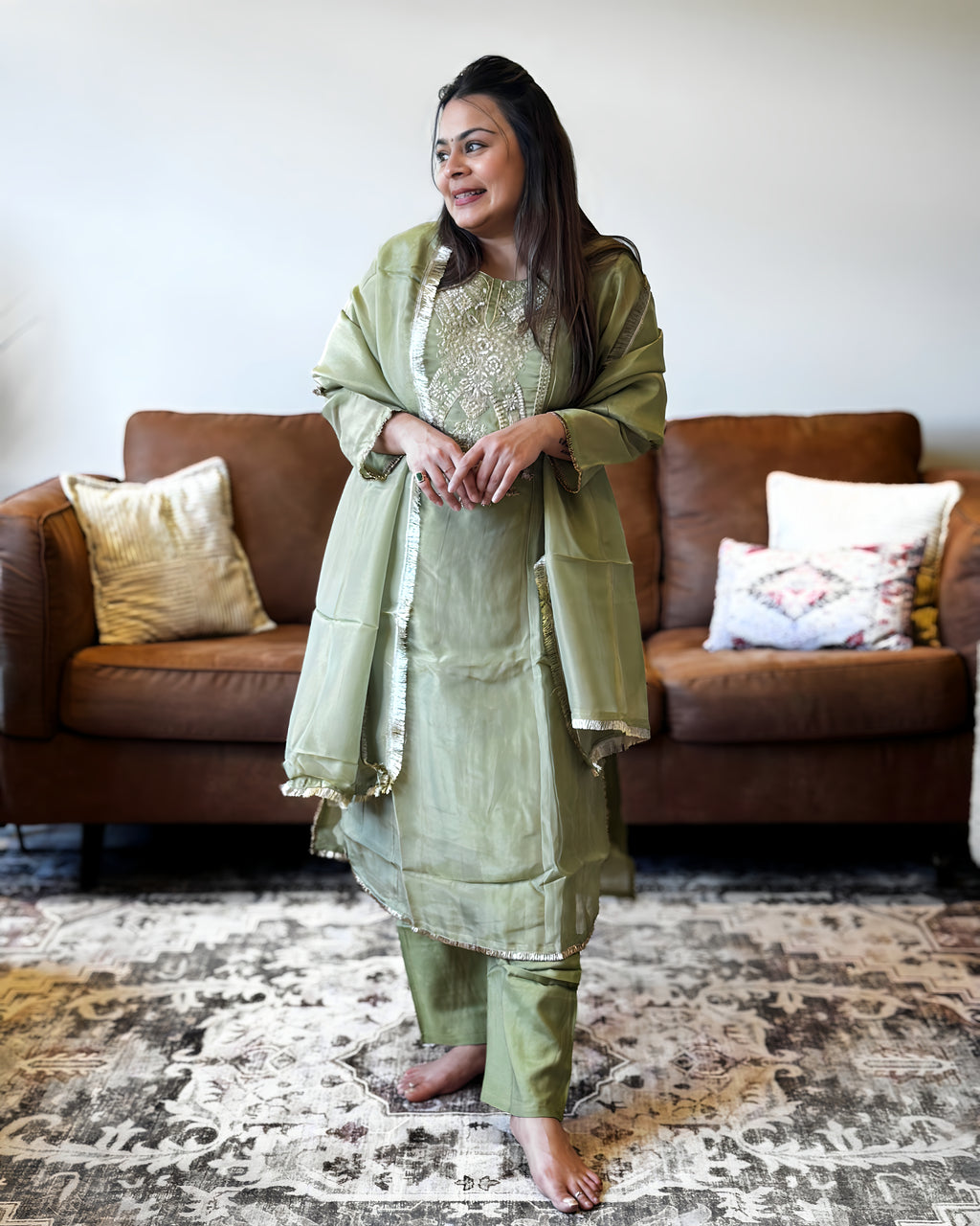 Pastel Green Shimmer Glass Tissue Kurta Set