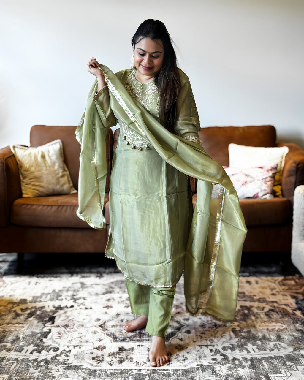 Pastel Green Shimmer Glass Tissue Kurta Set