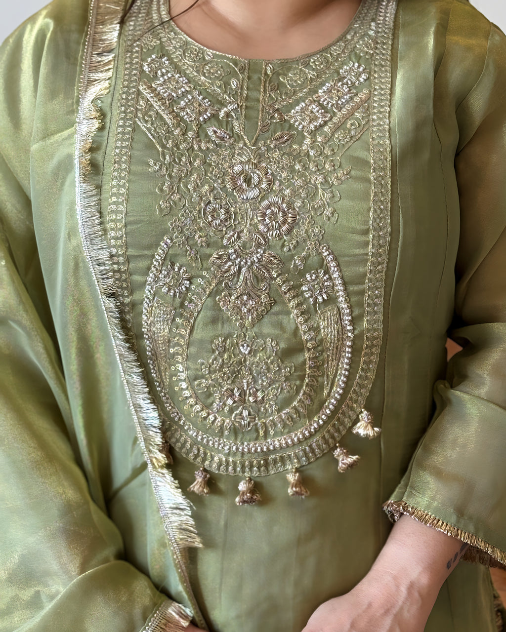 Pastel Green Shimmer Glass Tissue Kurta Set
