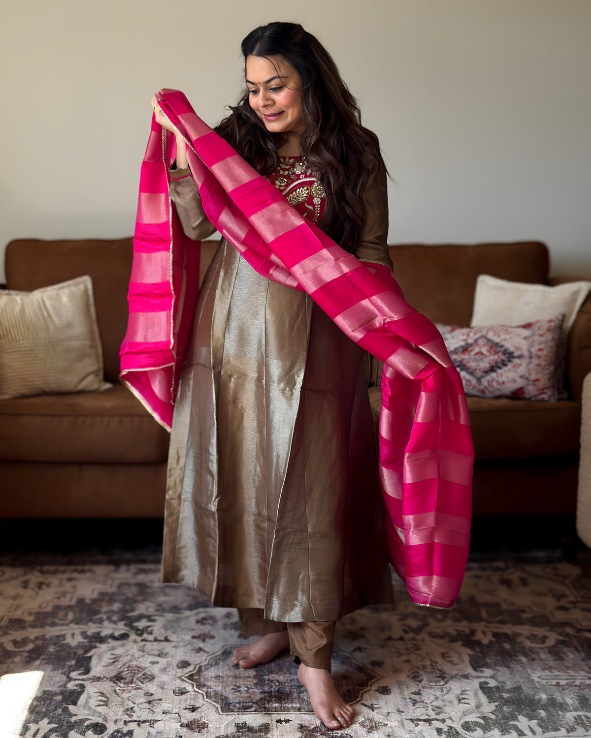 Copper Pink Glass Tissue Kurta Set for Women