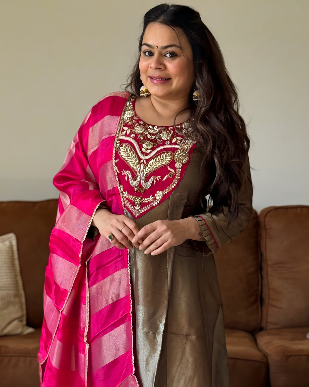 Copper Pink Glass Tissue Kurta Set for Women