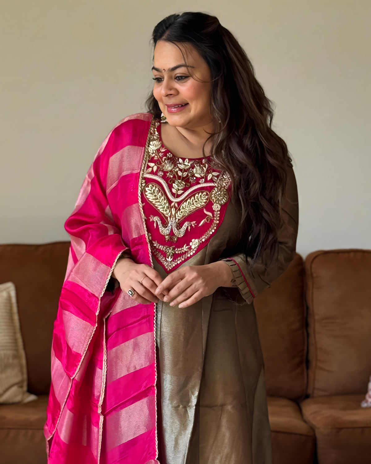 Copper Pink Glass Tissue Kurta Set for Women
