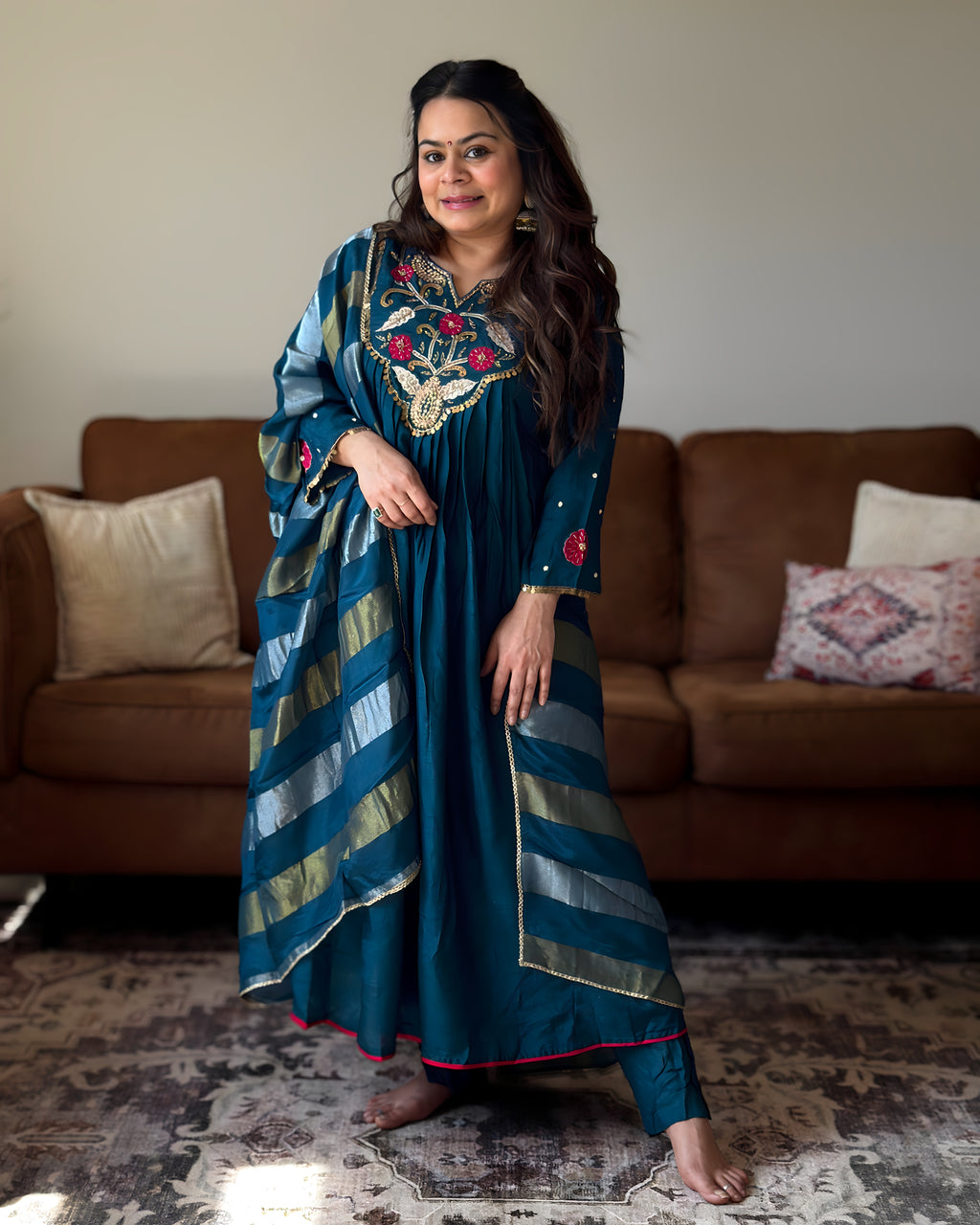 Rama Blue Anarkali Chinon Kurta Set for Women