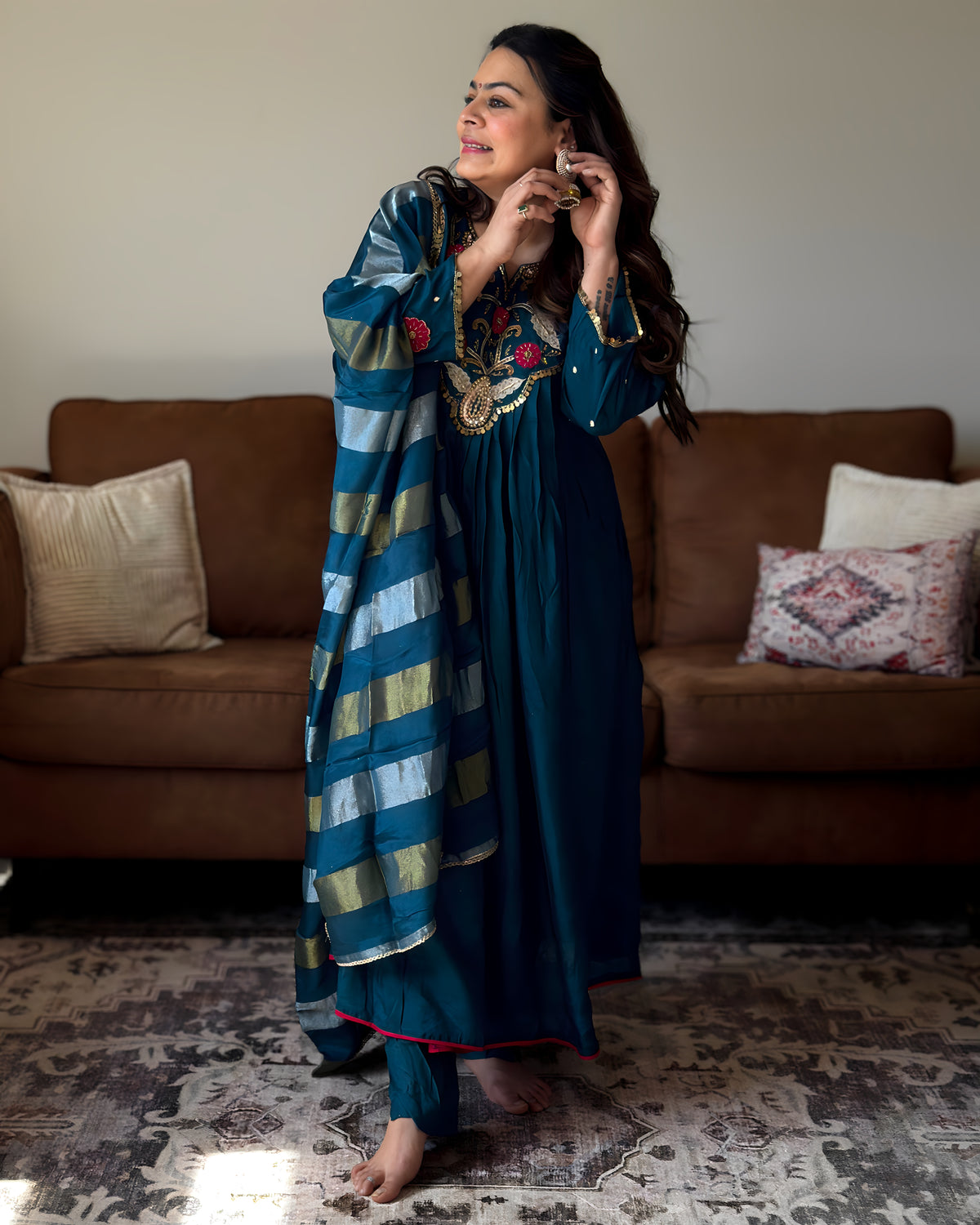 Rama Blue Anarkali Chinon Kurta Set for Women