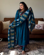 Rama Blue Anarkali Chinon Kurta Set for Women