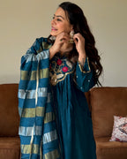 Rama Blue Anarkali Chinon Kurta Set for Women