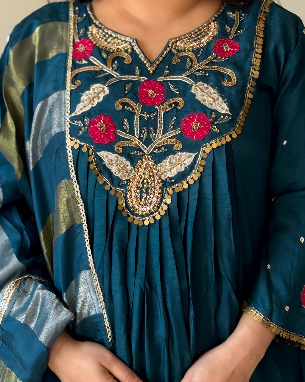 Rama Blue Anarkali Chinon Kurta Set for Women