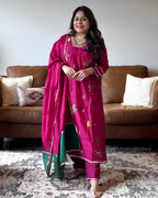 Pink Floral Mul Chanderi Kurta Set for Women