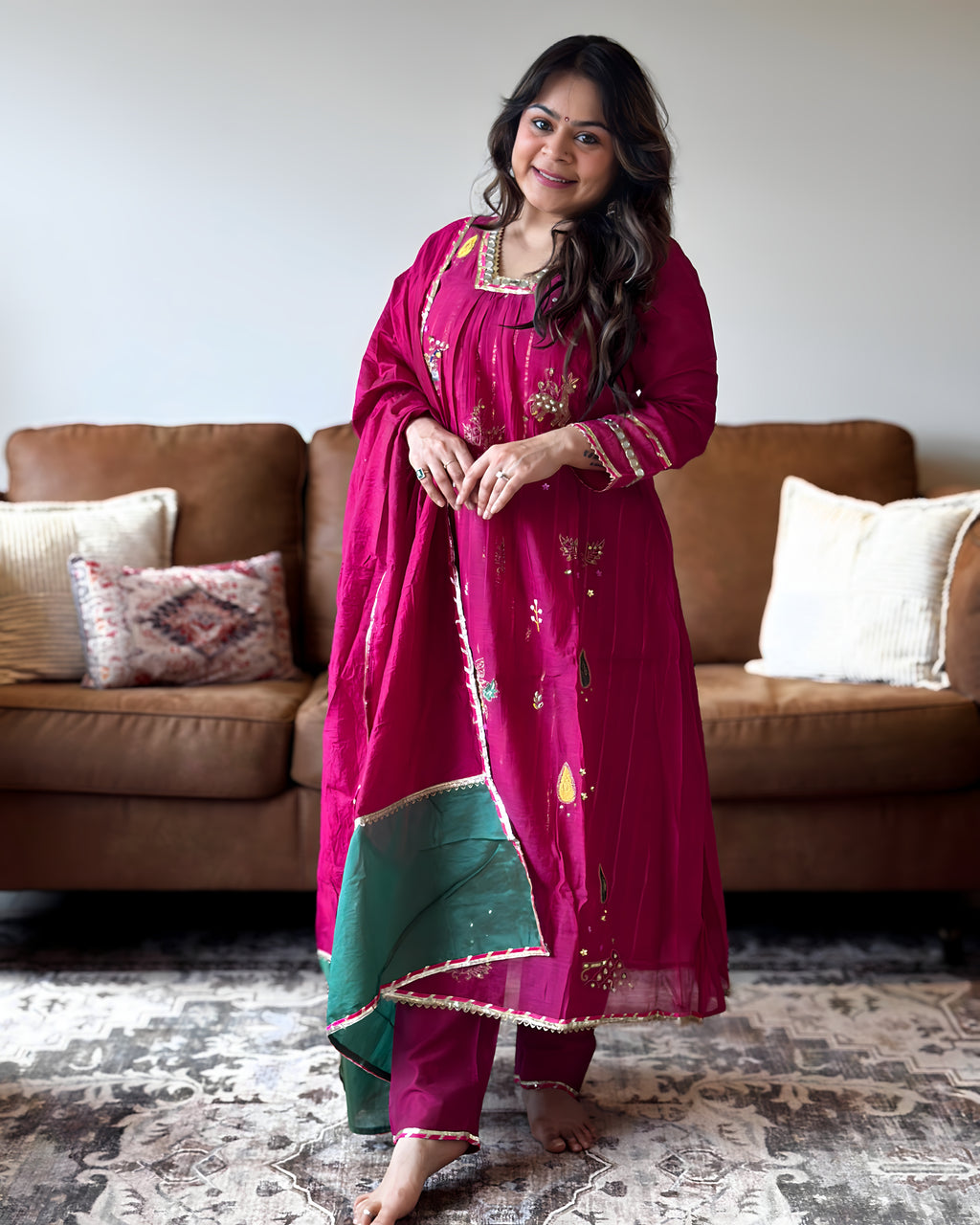 Pink Floral Mul Chanderi Kurta Set for Women
