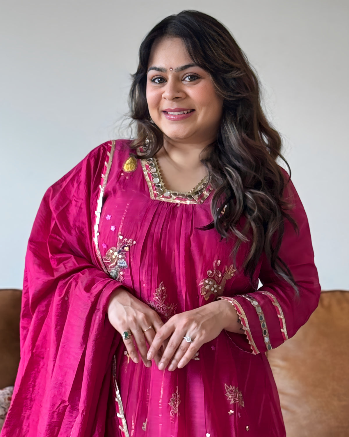 Pink Floral Mul Chanderi Kurta Set for Women