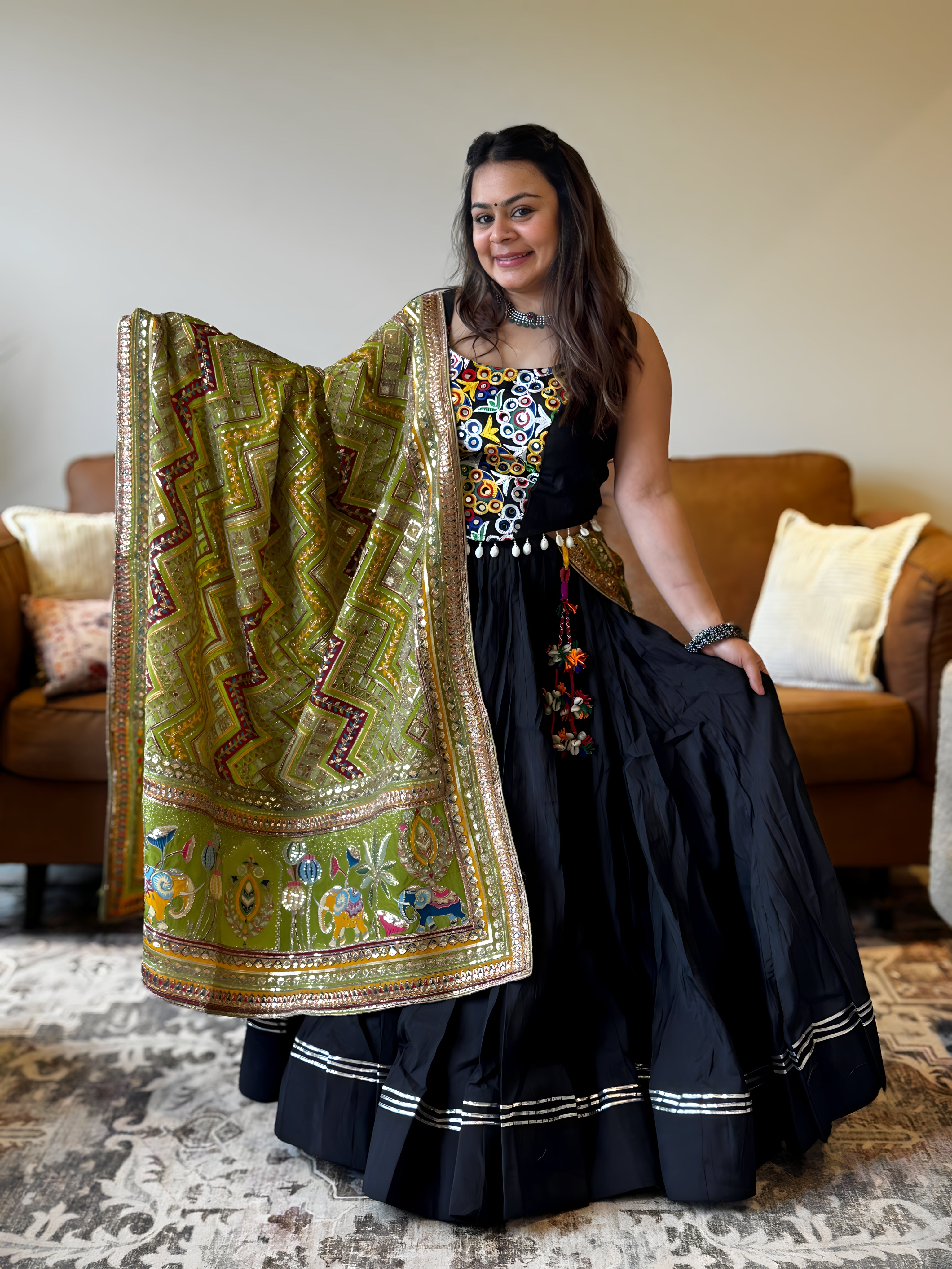 Black & Green Gamthi Chaniya Choli for Women | 18 Meter Gher