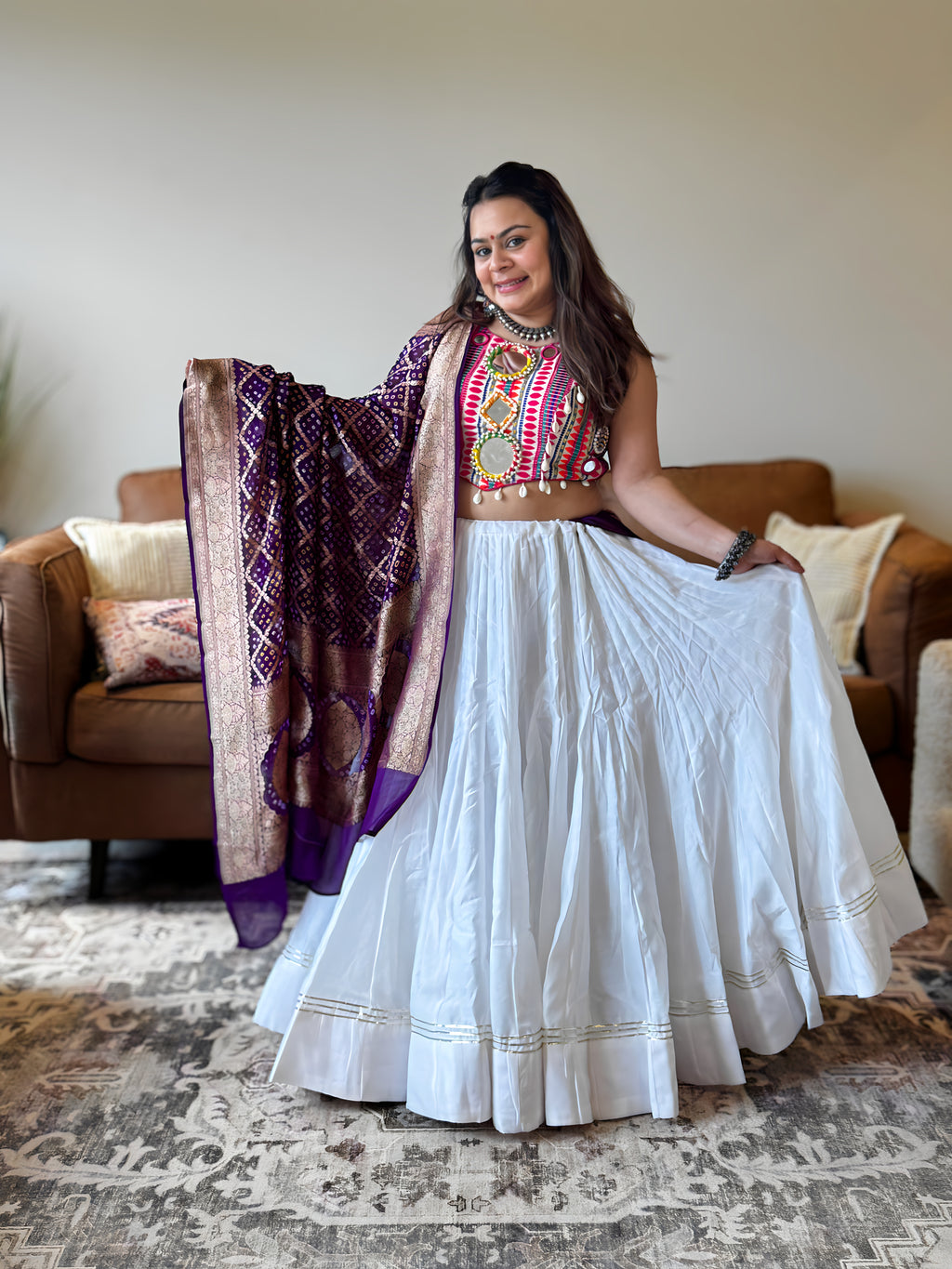 White & Pink Chaniya Choli 18M Gher with Authentic Purple Bandhani Dupatta