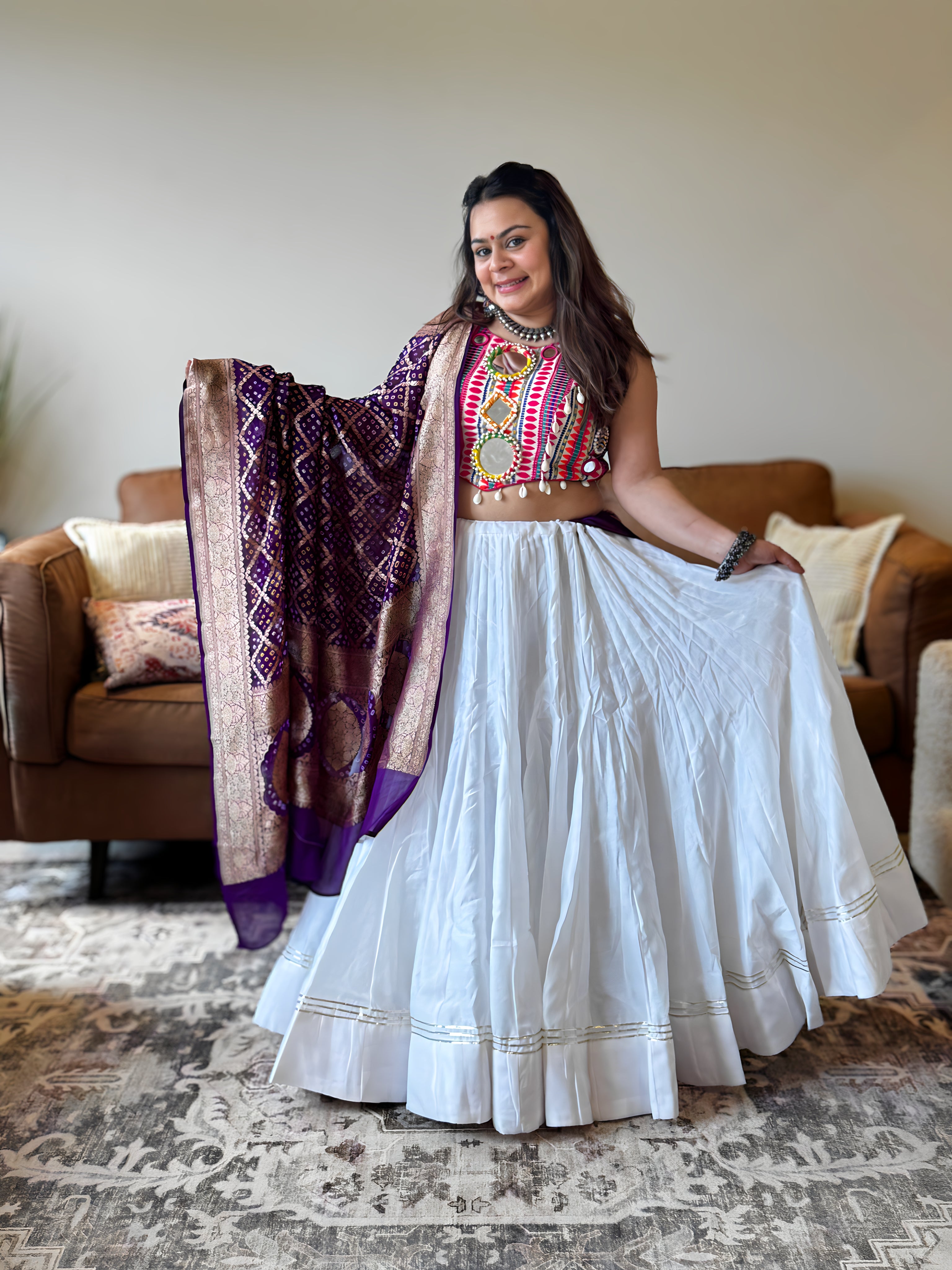 White & Pink Chaniya Choli 18M Gher with Authentic Purple Bandhani Dupatta